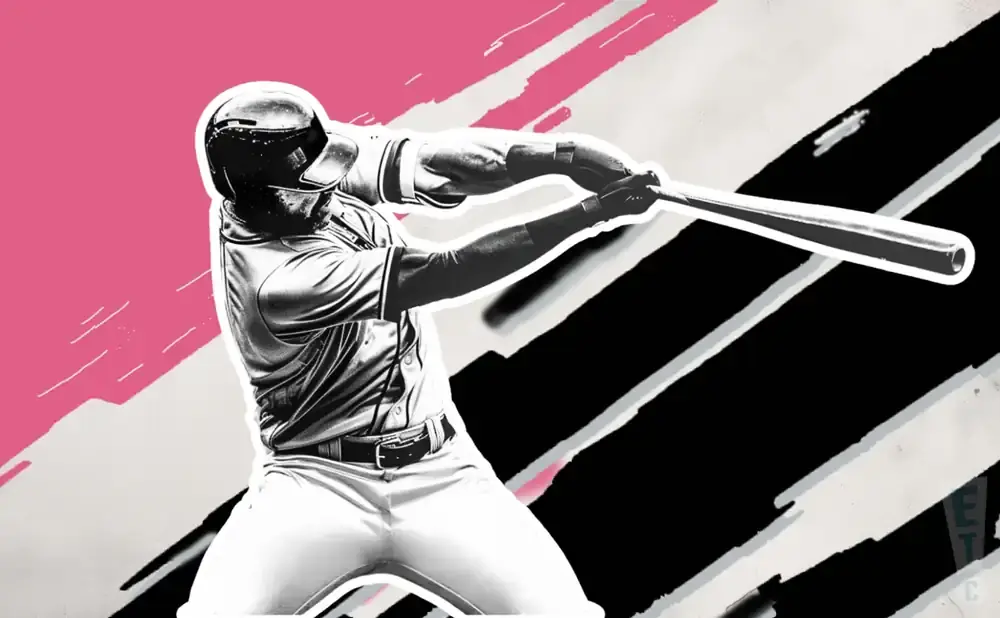 Baseball player swinging a bat against a pink and black abstract background.