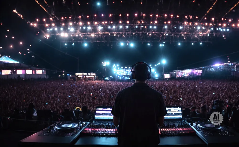 DJ at a concert with a massive crowd and stage lights.
