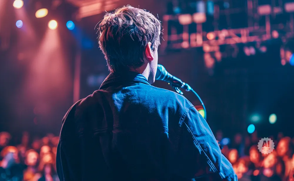 A person singing into a microphone on stage, with a blurred audience in the background.
