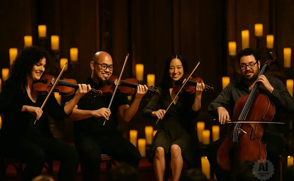 A quartet of musicians playing string instruments in a candlelit room.