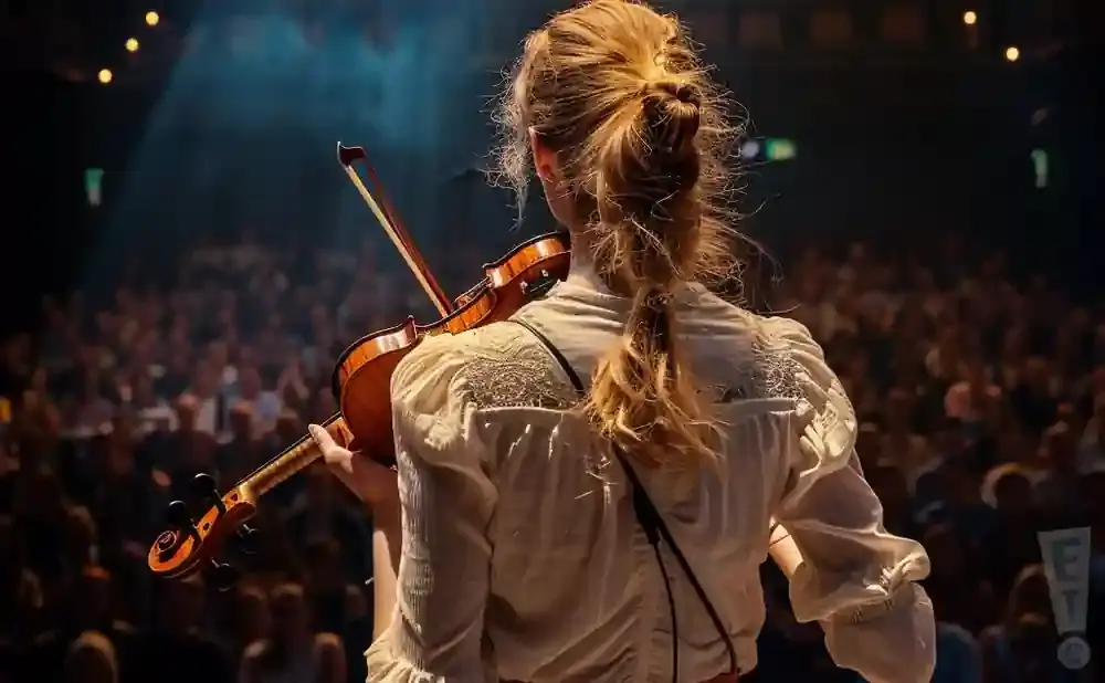 A violinist plays for a large audience on a brightly lit stage.