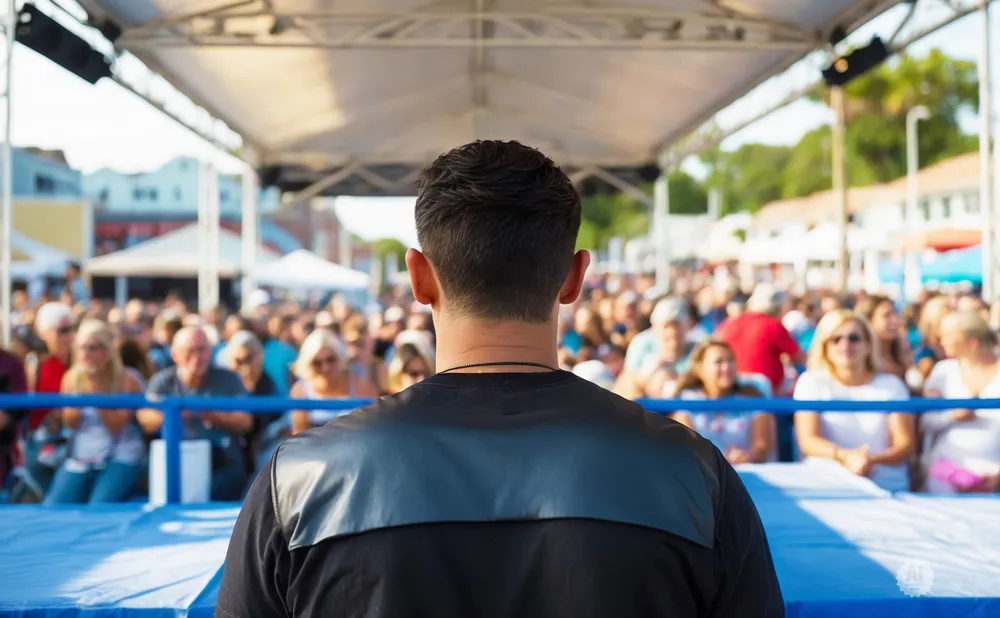 A man stands with his back to the camera, facing a large crowd at an outdoor event.