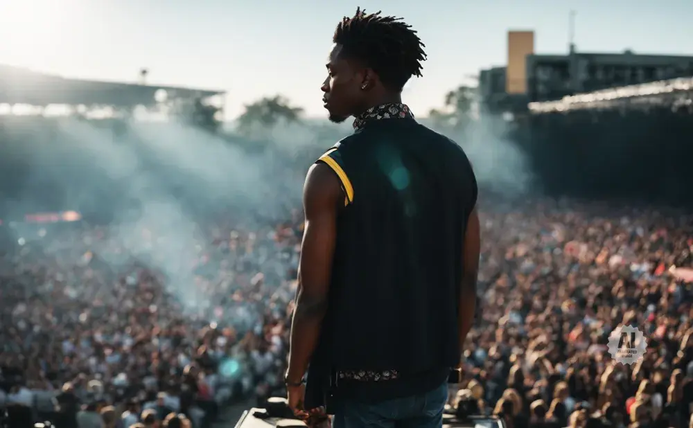 A man with dreadlocks stands on a stage, facing a large, cheering crowd at an outdoor concert.