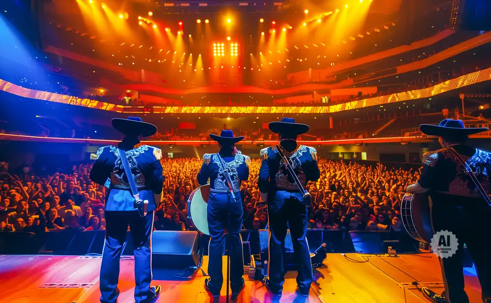 Mariachi band performs on stage in front of a cheering crowd under bright stage lights.