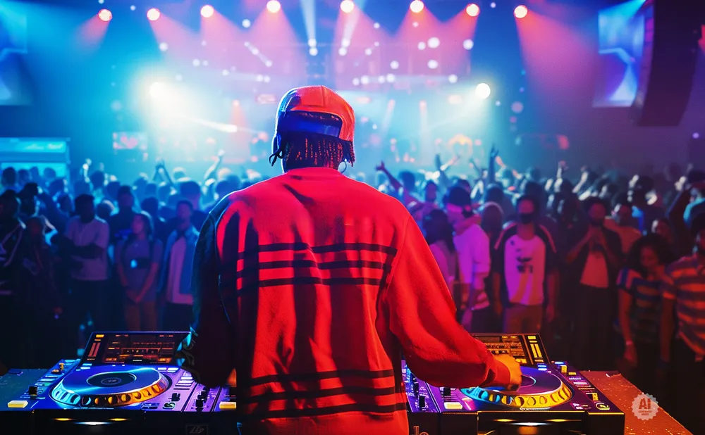 A DJ in a red sweatshirt plays music for a crowd at a club with blue and red lights.