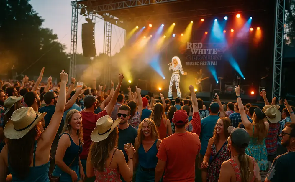 A lively outdoor music festival crowd cheers as a blonde performer sings on a brightly lit stage.