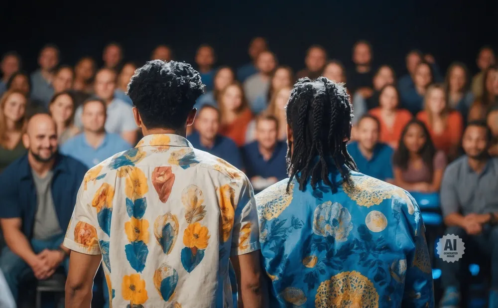 Two men with patterned shirts stand facing an audience.
