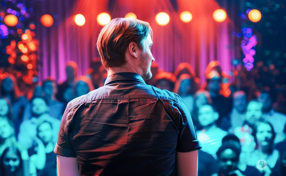 Man in a dark shirt facing away from the camera, with a blurred audience and stage lights behind him.