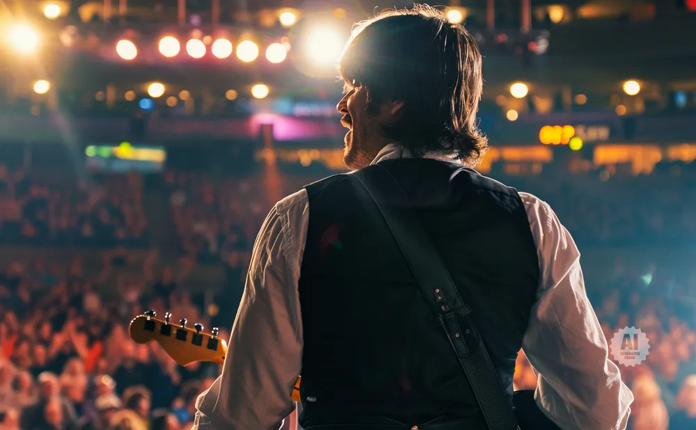 A guitarist on stage looks out at a cheering crowd, bathed in bright stage lights.