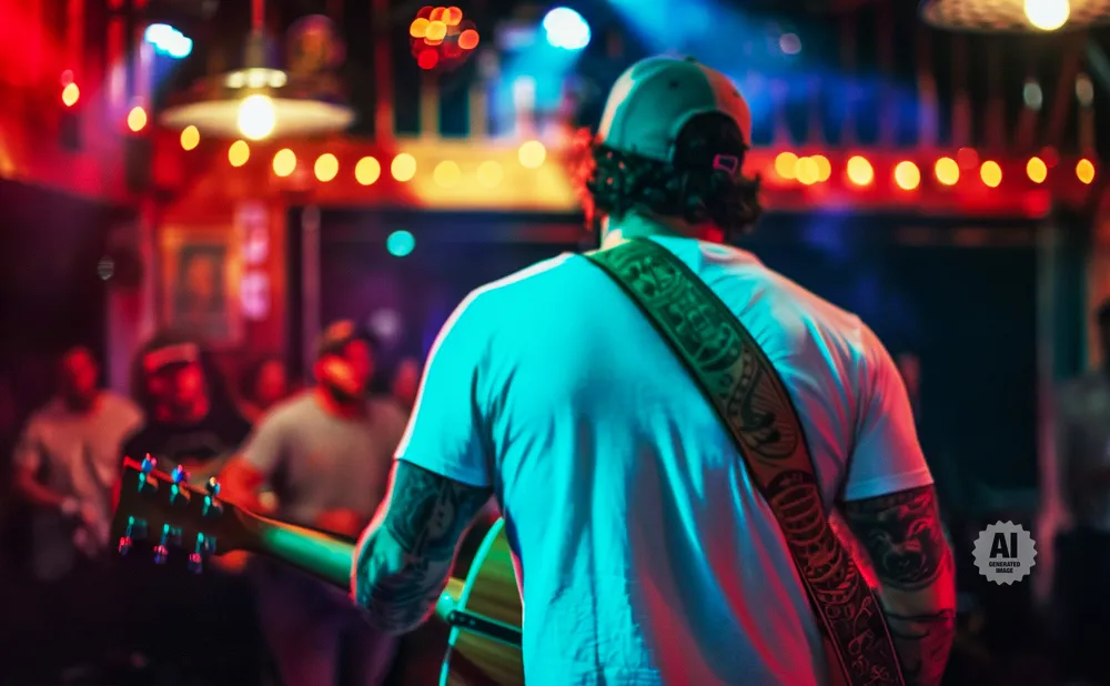 Musician playing guitar on stage in a dimly lit venue with red and blue lights.