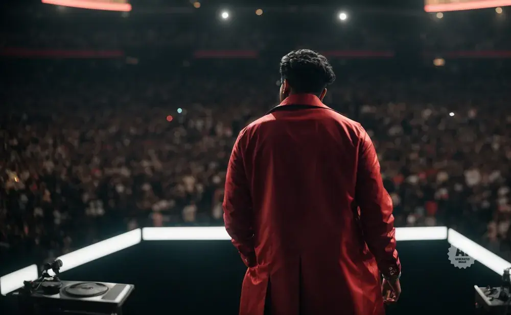 Man in red coat stands on stage facing a large, blurred crowd at a concert.