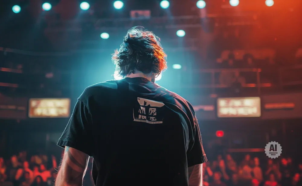 Back of a person with messy hair on stage, wearing a black t-shirt with a logo, under bright stage lights.