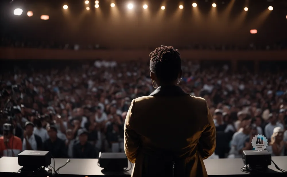 A speaker stands before a large, cheering audience, illuminated by stage lights.