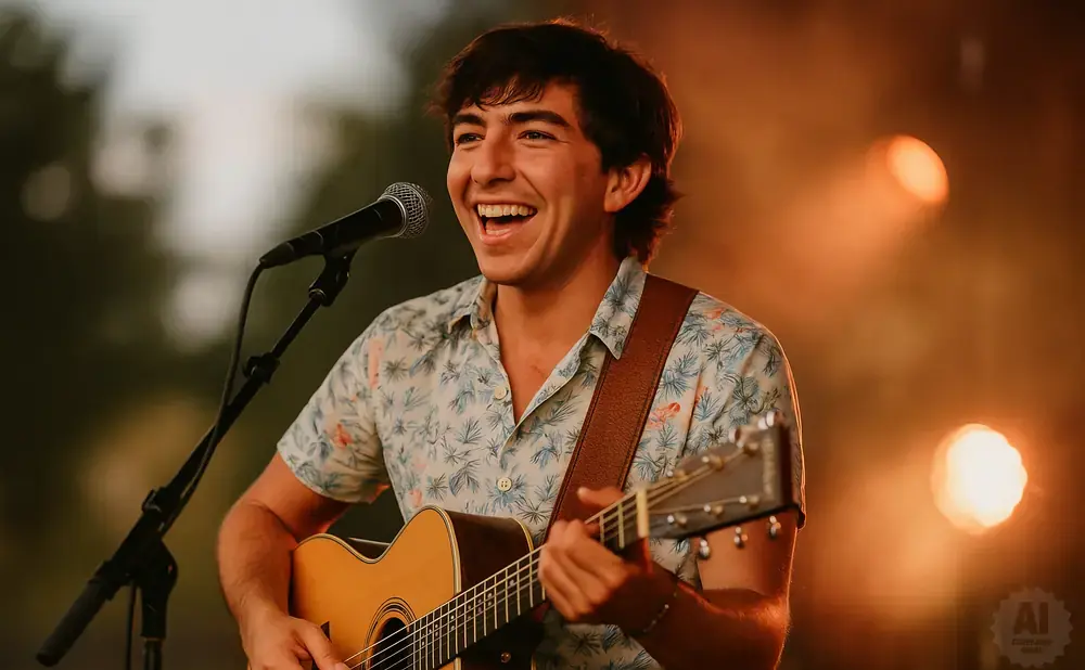 A man in a floral shirt happily plays guitar and sings into a microphone on a stage with warm lighting.