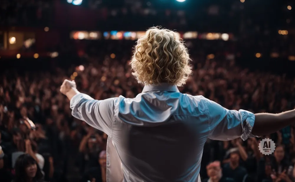 A person with curly blonde hair stands on a stage with arms outstretched, facing a large, cheering audience.