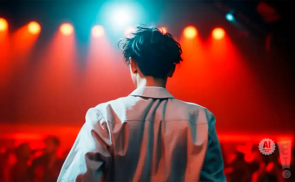 A person in a light-colored jacket faces away from the camera on a stage, illuminated by red and blue lights.