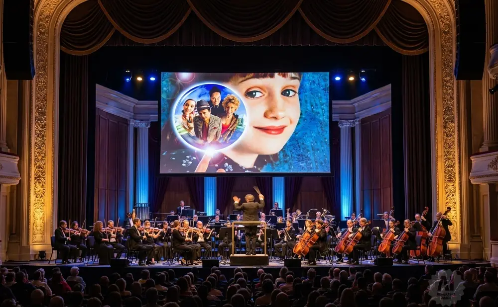 A stage performance with a live orchestra, ballet dancers, and a film projection.