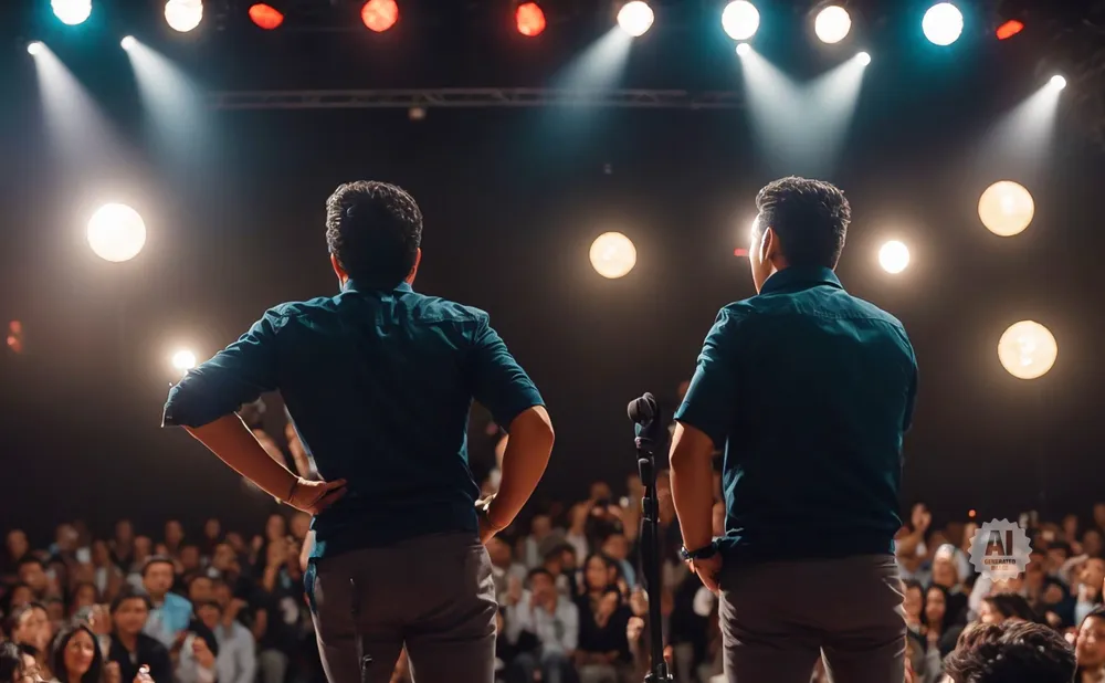 Two men stand facing a crowd on a stage with bright spotlights.