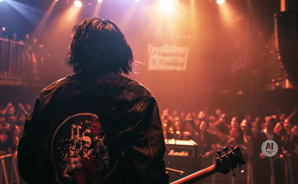 A musician in a denim jacket plays guitar on stage in front of a cheering crowd.
