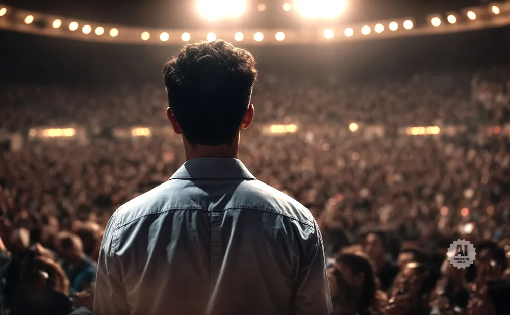 A man in a blue shirt stands facing a large, dimly lit audience.