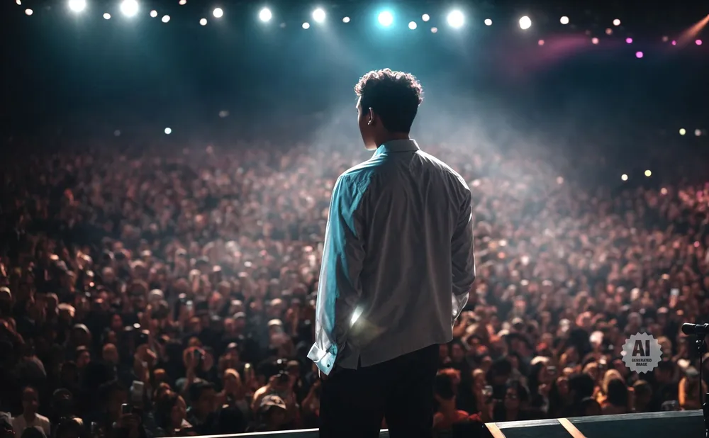 A performer stands on stage facing a large, cheering crowd under bright spotlights.