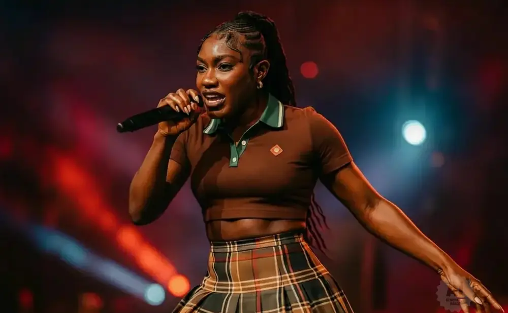 A woman with braided hair performs into a microphone on stage, wearing a brown cropped polo and a plaid skirt.