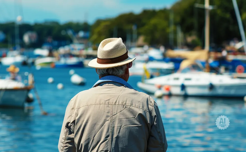 An elderly man in a hat looks out at a harbor filled with boats.