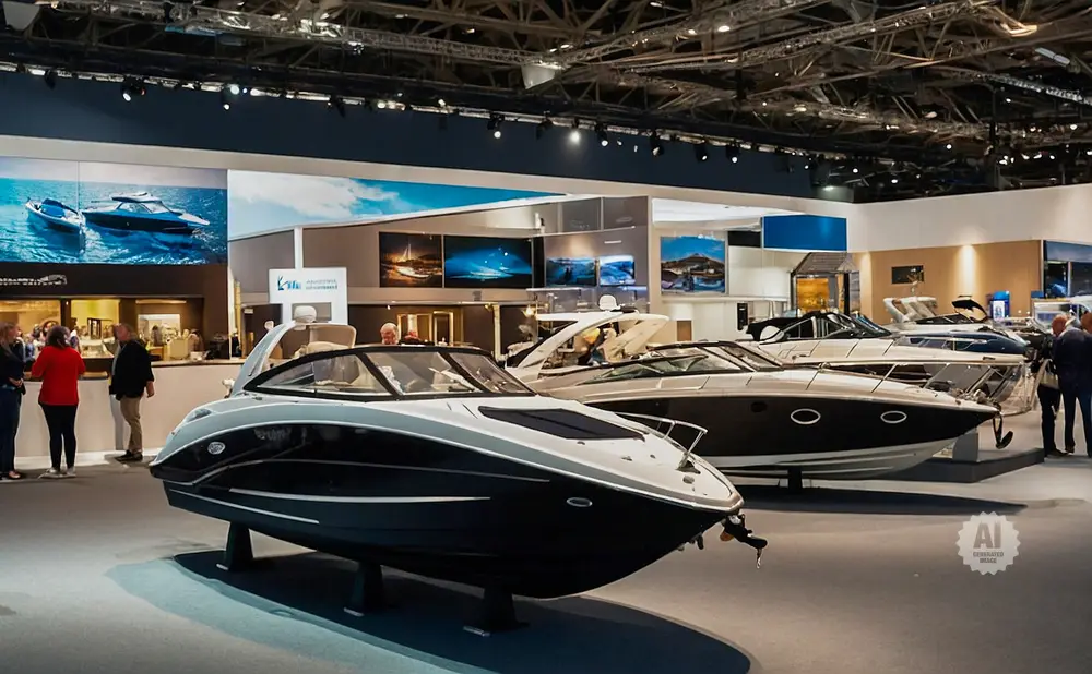 Boats on display at an indoor exhibition, with people browsing in the background.