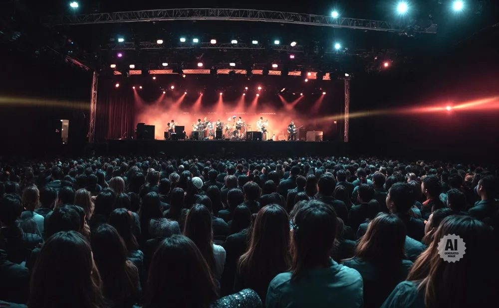 A band performs on a stage lit by red and white lights to a large audience in a dark venue.
