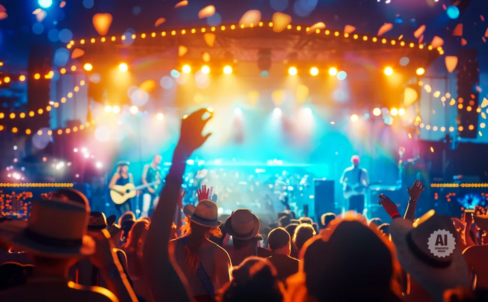 Concert crowd with hands raised, illuminated by stage lights and falling confetti.