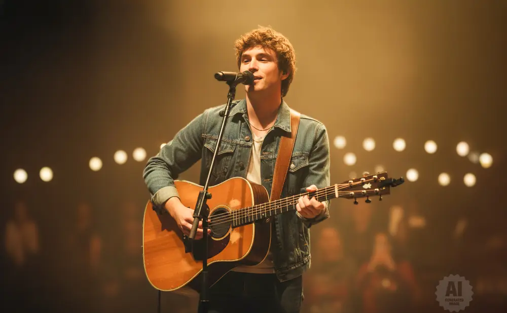 A young man in a denim jacket sings and plays an acoustic guitar on stage.