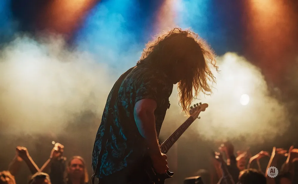 A guitarist with long, curly hair plays on stage, silhouetted by smoke and colored lights.