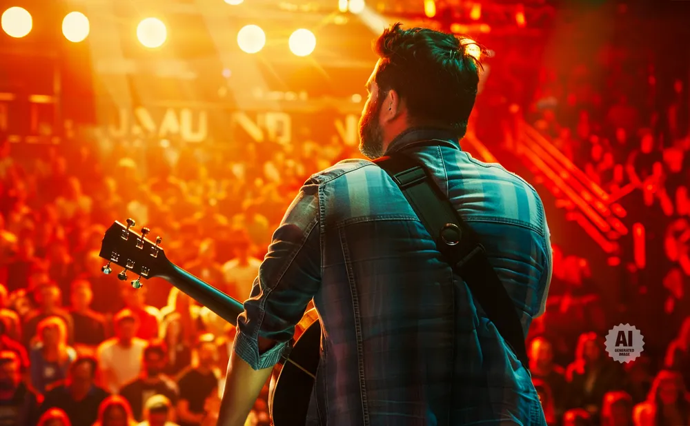 A man with a guitar plays for a crowd under bright stage lights.