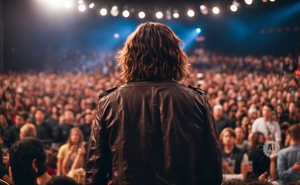 Person in leather jacket on stage faces large, blurred audience with lights above.