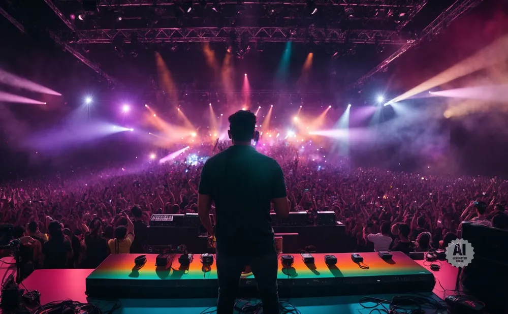 DJ performing for a large crowd at a concert, with vibrant stage lighting.