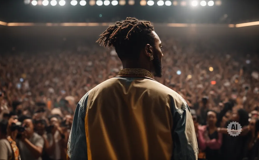 An artist stands on stage facing a cheering crowd, with lights overhead.