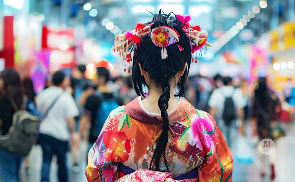 A person in a colorful kimono with elaborate hair ornaments walks through a crowded, blurred indoor market.