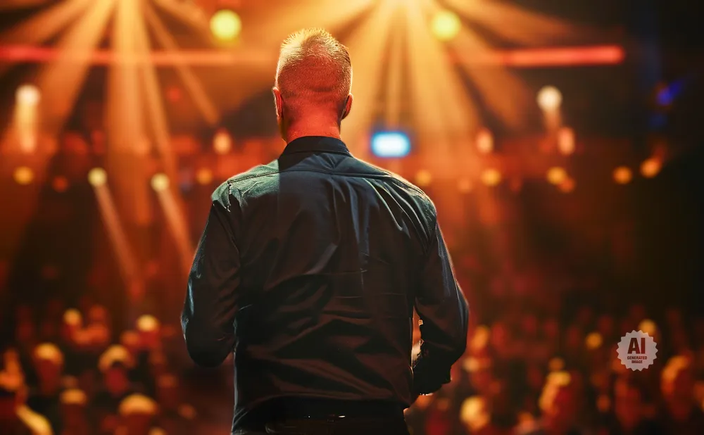 Man in a dark shirt on stage with spotlights and blurred audience in the background.