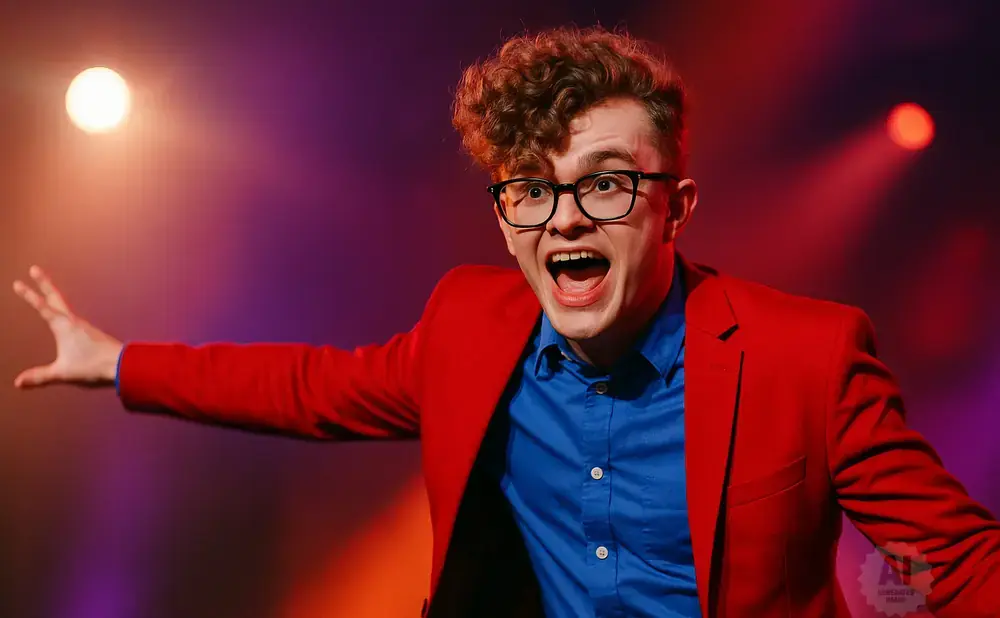 A man in a red suit and blue shirt with curly hair and glasses looks surprised, with his mouth open and arms outstretched.