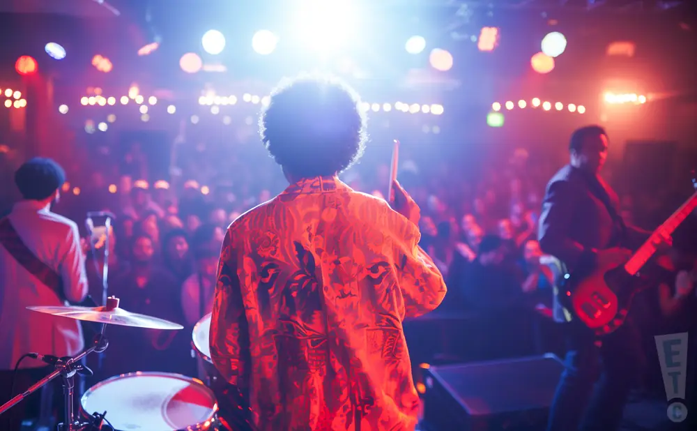 A band performs for a crowd on a dimly lit stage, bathed in red and blue lights.
