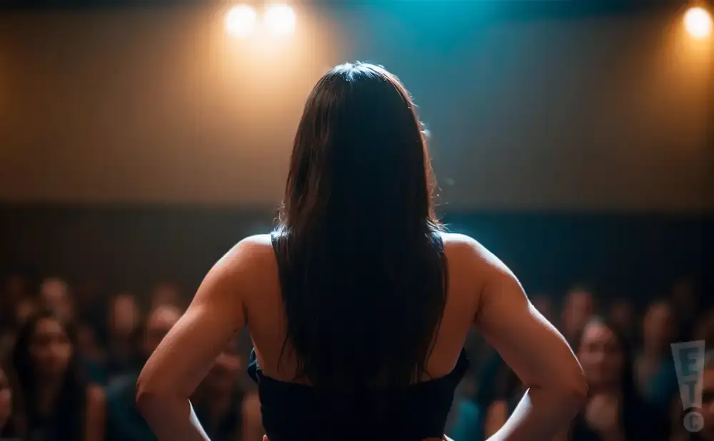 Woman on stage facing away from camera, with spotlight and audience behind her.