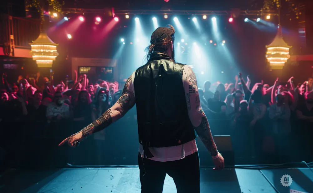 A performer with tattoos on his arms stands on stage, pointing to a cheering crowd under bright lights.
