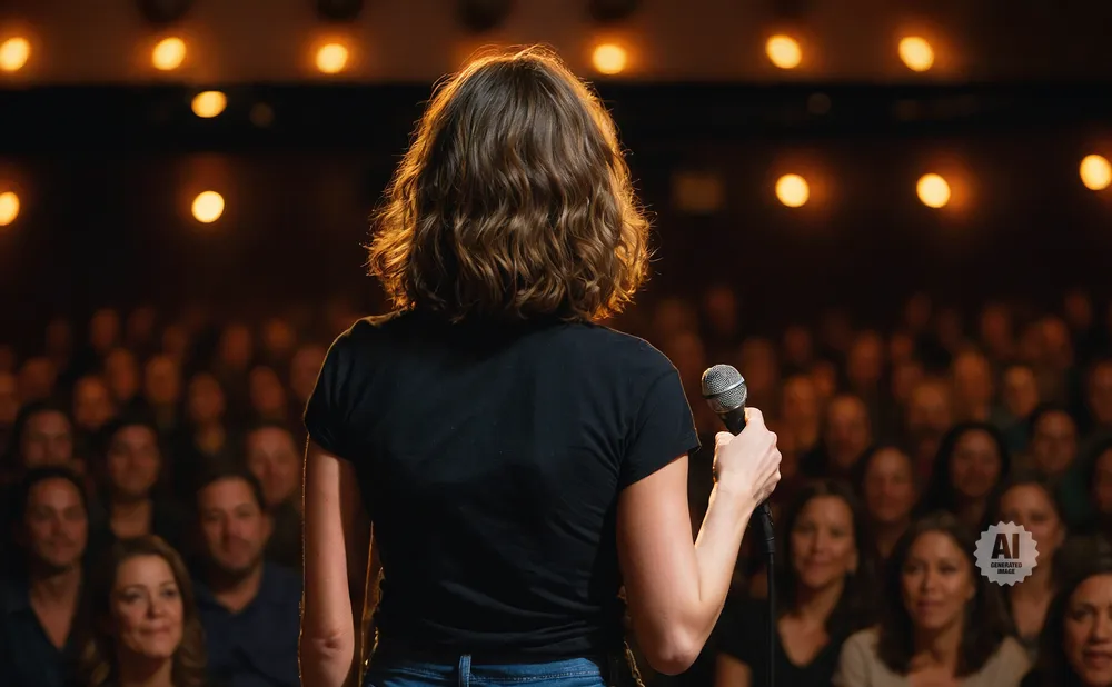 A woman stands on stage holding a microphone, facing a seated audience.