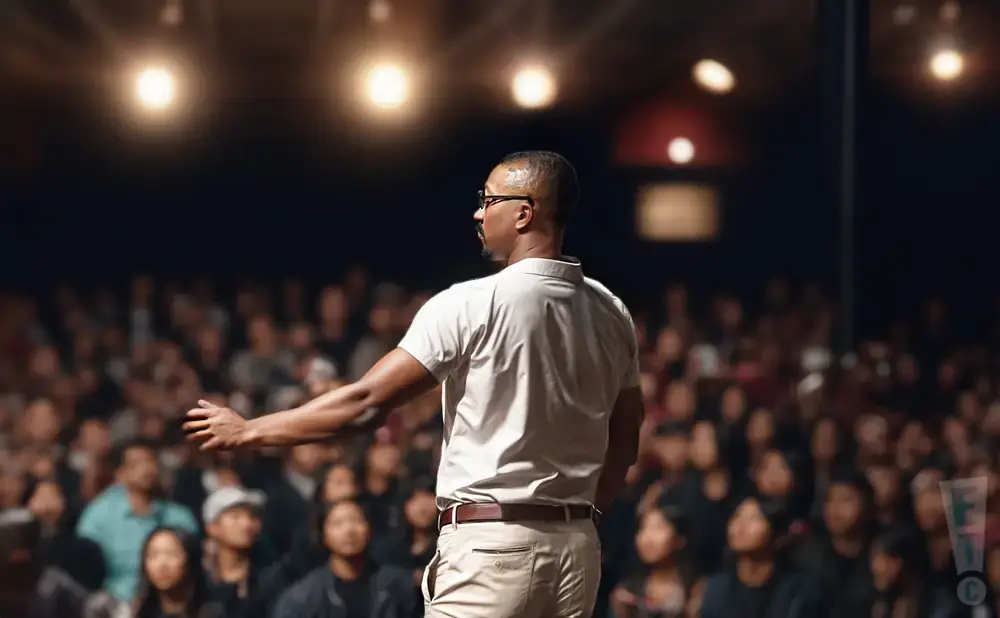 Man in a light shirt and tan pants speaking to a large audience in a dimly lit room.