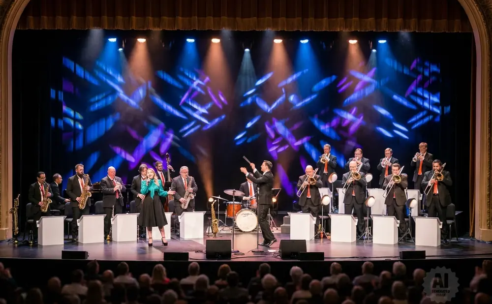 A jazz band performs on a brightly lit stage with a patterned blue and purple backdrop.