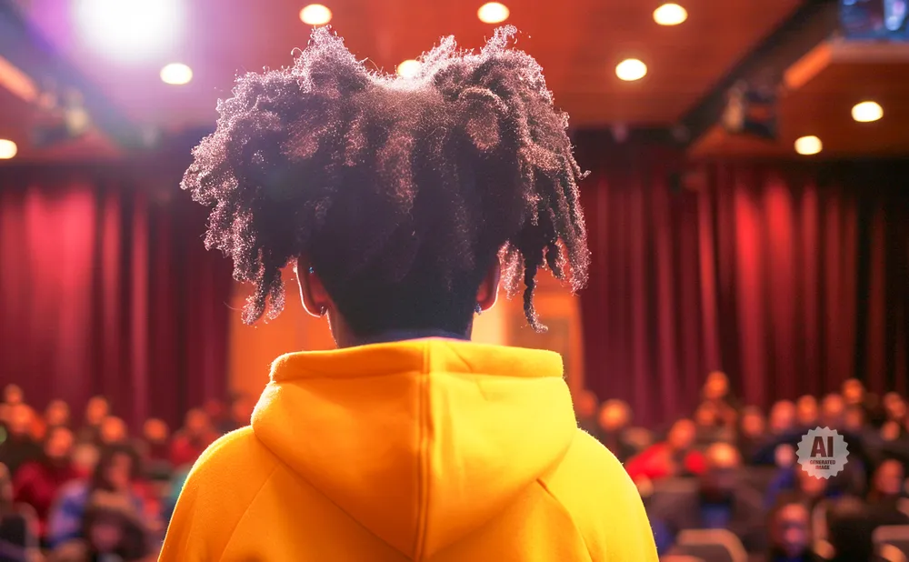 A person with dreadlocks in an orange hoodie faces an audience in a dimly lit room with red curtains.