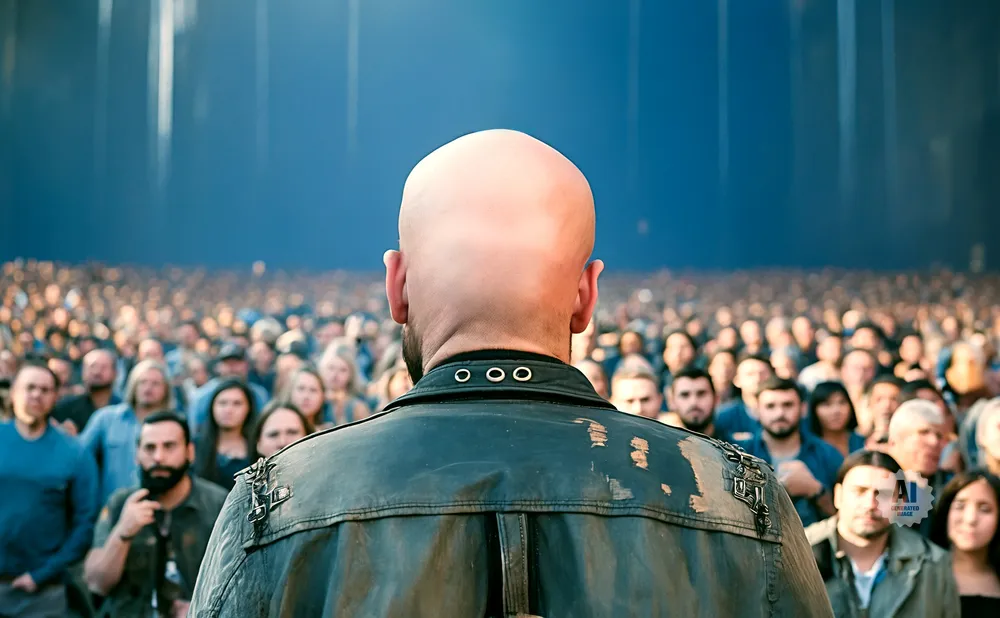 Bald man in leather jacket faces large crowd at a concert.