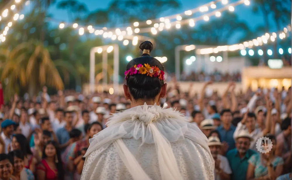 A person wearing a white ceremonial outfit and flowers in their hair addresses a crowd at dusk, illuminated by string lights.