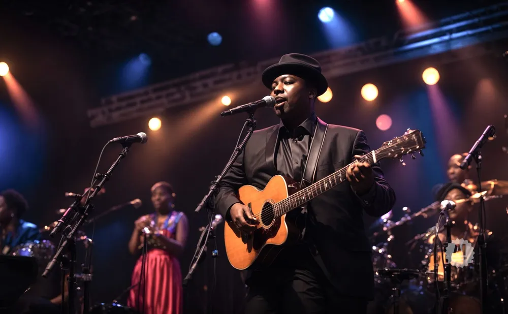 A man in a suit and hat sings and plays guitar on stage with other musicians.