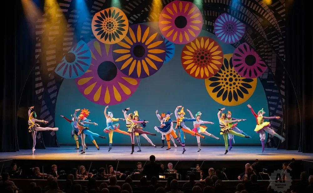 Ballet dancers in colorful costumes perform on stage with a backdrop of large floral patterns.